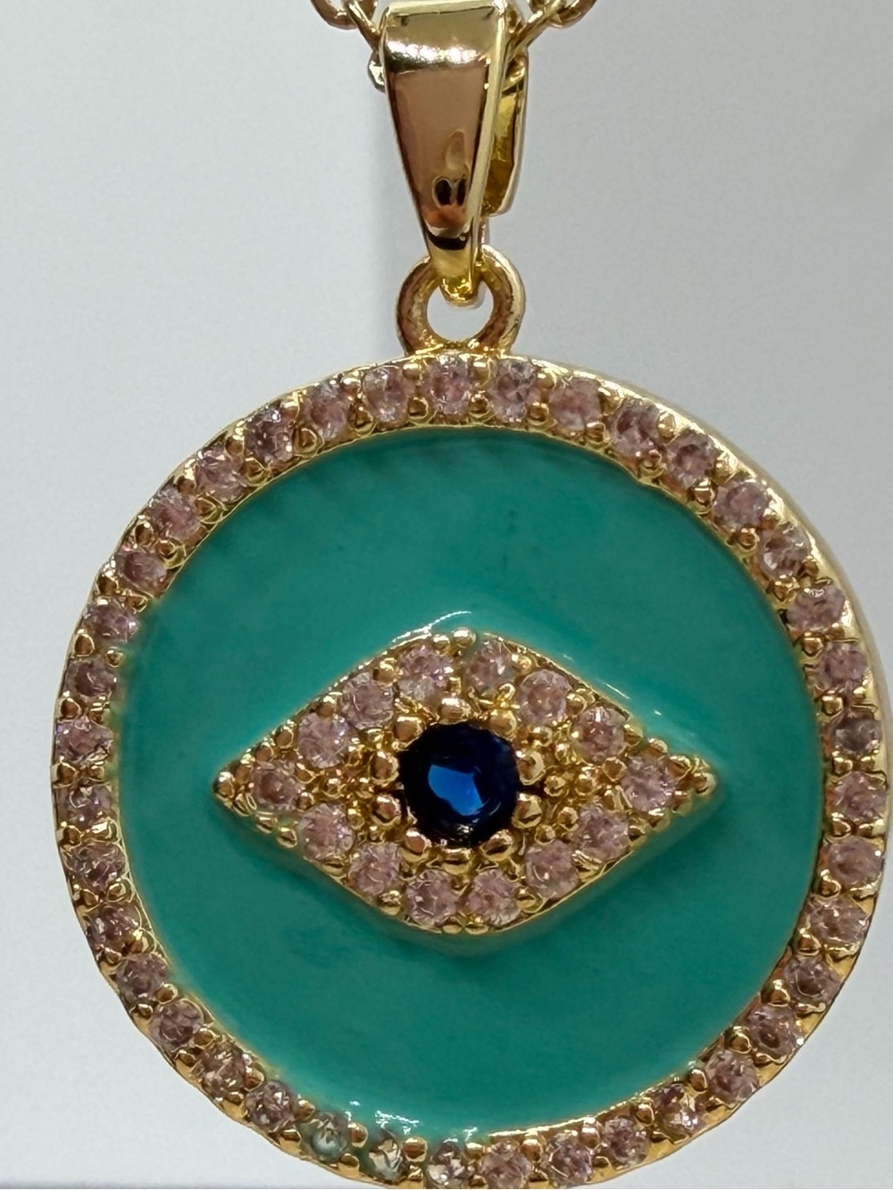 Gold Turquoise Evil Eye Pendant Necklace with Blue Center